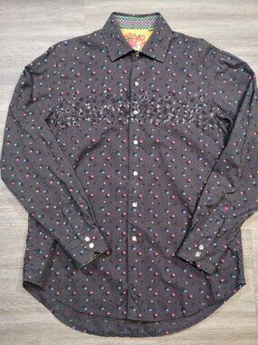 Robert Graham Button Shirt Men's Medium Flip Cuff Polka Dot Grey Abstract Ball